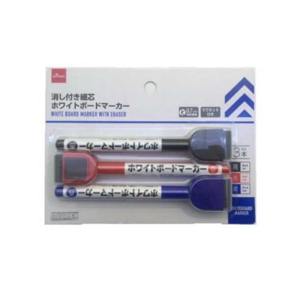 Picture of White Board Marker With Eraser Thin Tip Black Red Blue 3 Pcs