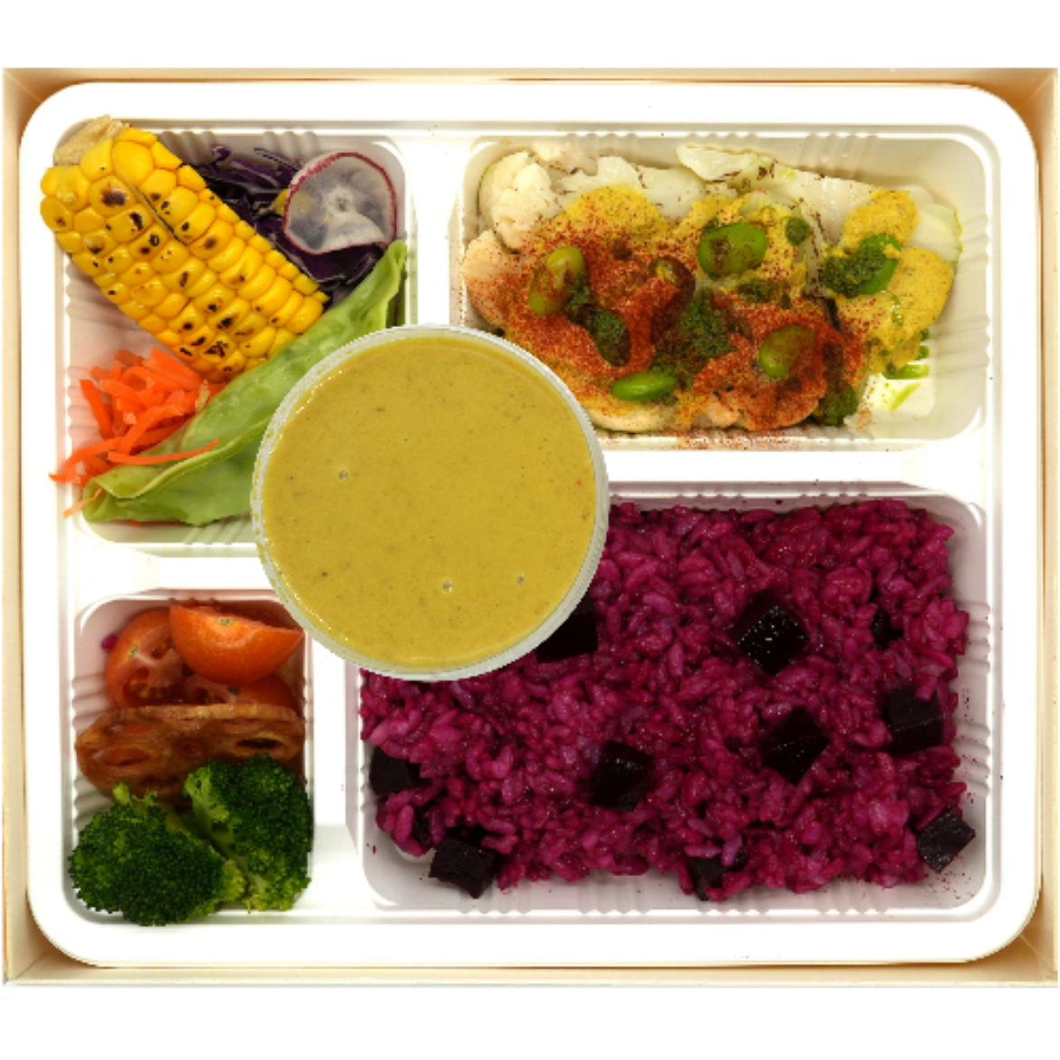 Picture of Yellow Curry with Beetroot Rice and Cauliflower Steak Bento(V,VG)