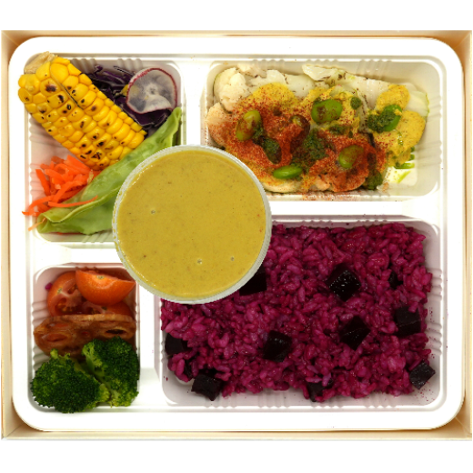 Picture of Yellow Curry with Beetroot Rice and Cauliflower Steak Bento(V,VG)