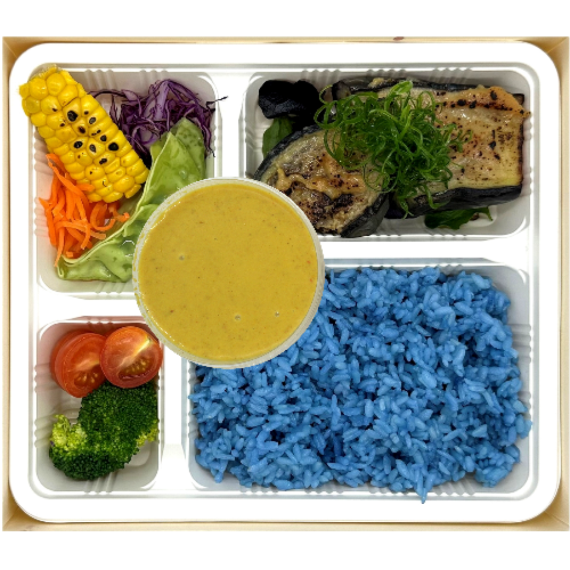 Yellow Curry with Blue Butterfly Pea Rice & Miso Eggplant Bento(V,VG) の画像