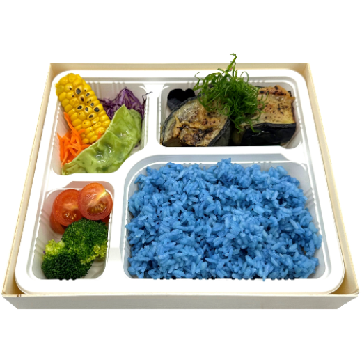 Yellow Curry with Blue Butterfly Pea Rice & Miso Eggplant Bento(V,VG) の画像